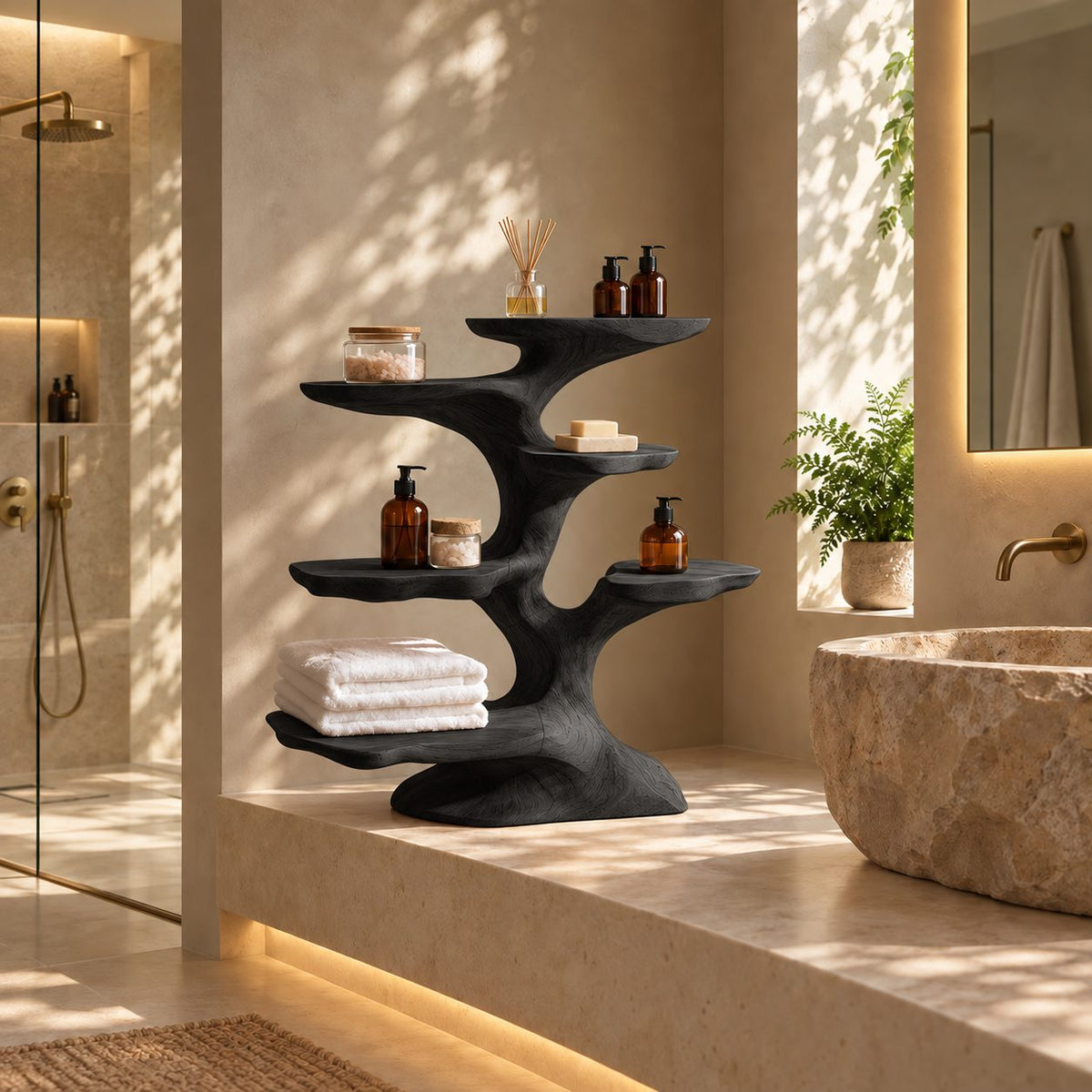 Windswept Tree Freestanding Bathroom Shelf, Sculpted Solid Wood Multi Tier Towel Organizer, 30-40 Inch