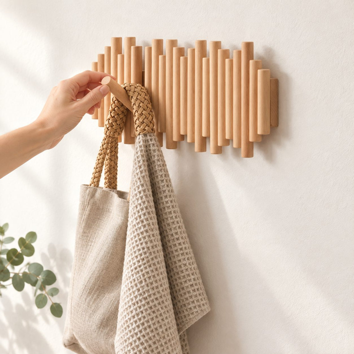 Staggered Dowel Wall Coat Rack with Flip-Down Pegs, Solid Wood Piano Hook Rack for Entryway, 12-27 Inch