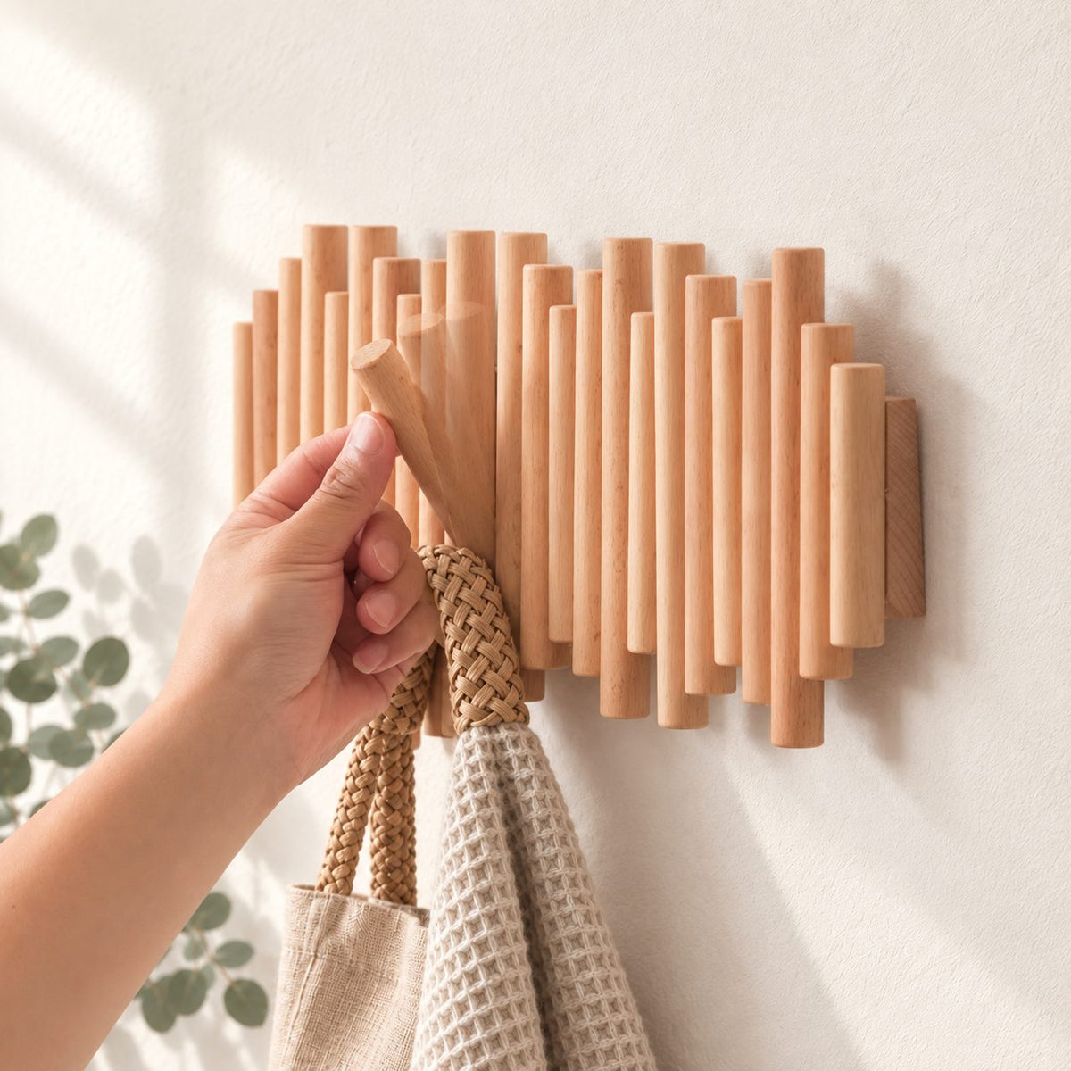 Staggered Dowel Wall Coat Rack with Flip-Down Pegs, Solid Wood Piano Hook Rack for Entryway, 12-27 Inch