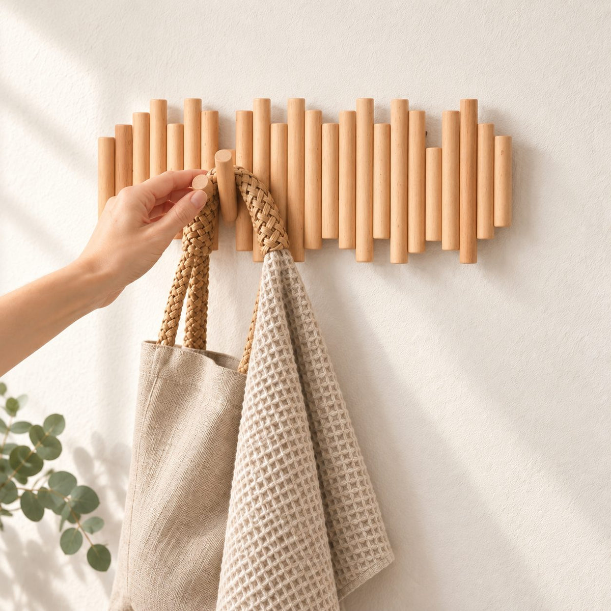 Staggered Dowel Wall Coat Rack with Flip-Down Pegs, Solid Wood Piano Hook Rack for Entryway, 12-27 Inch