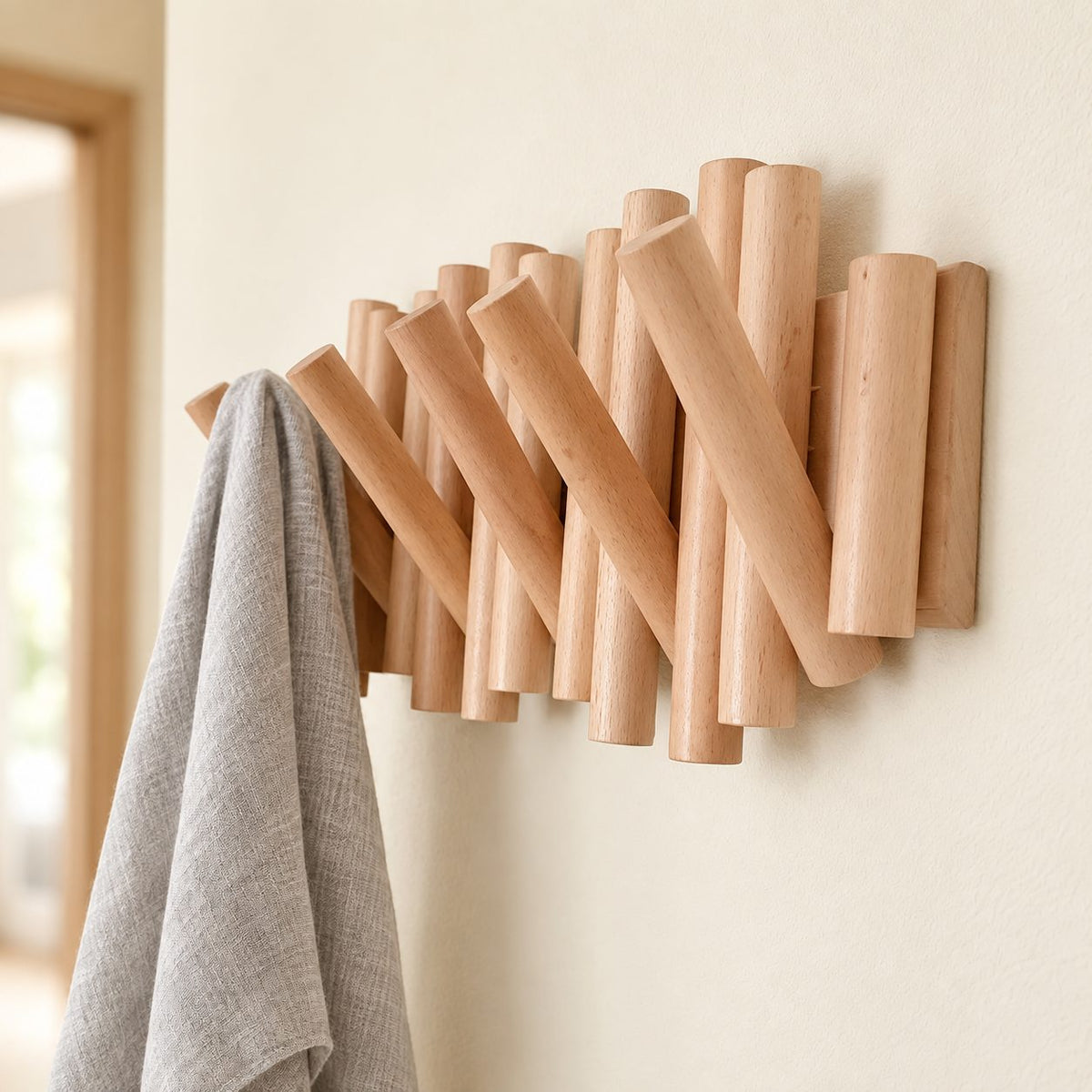 Staggered Dowel Wall Coat Rack with Flip-Down Pegs, Solid Wood Piano Hook Rack for Entryway, 12-27 Inch