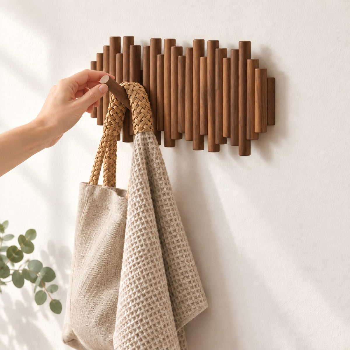 Staggered Dowel Wall Coat Rack with Flip-Down Pegs, Solid Wood Piano Hook Rack for Entryway, 12-27 Inch