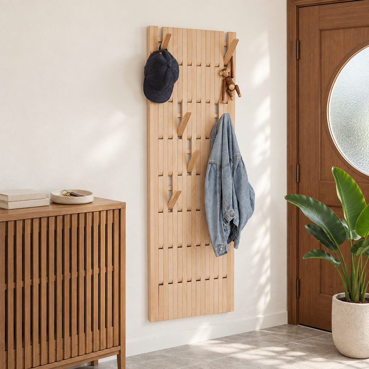 Slatted Panel Piano Coat Rack with Fold-Out V Hooks, Wall Mounted Solid Wood Hall Hanger, 25-66 Inch Tall