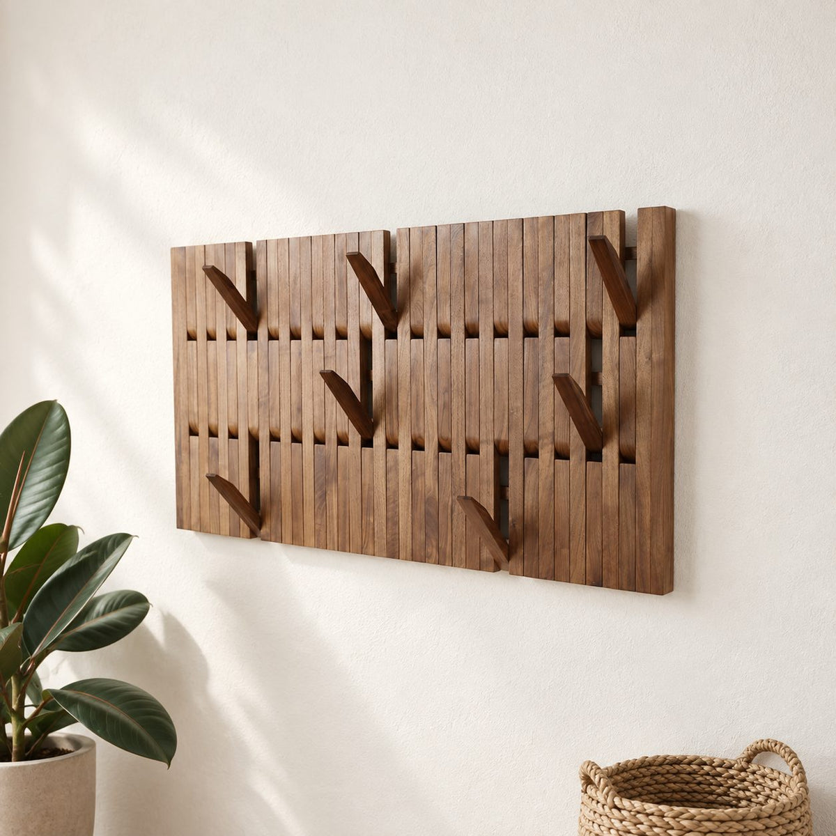 Slatted Panel Piano Coat Rack with Fold-Out V Hooks, Wall Mounted Solid Wood Hall Hanger, 25-66 Inch Tall