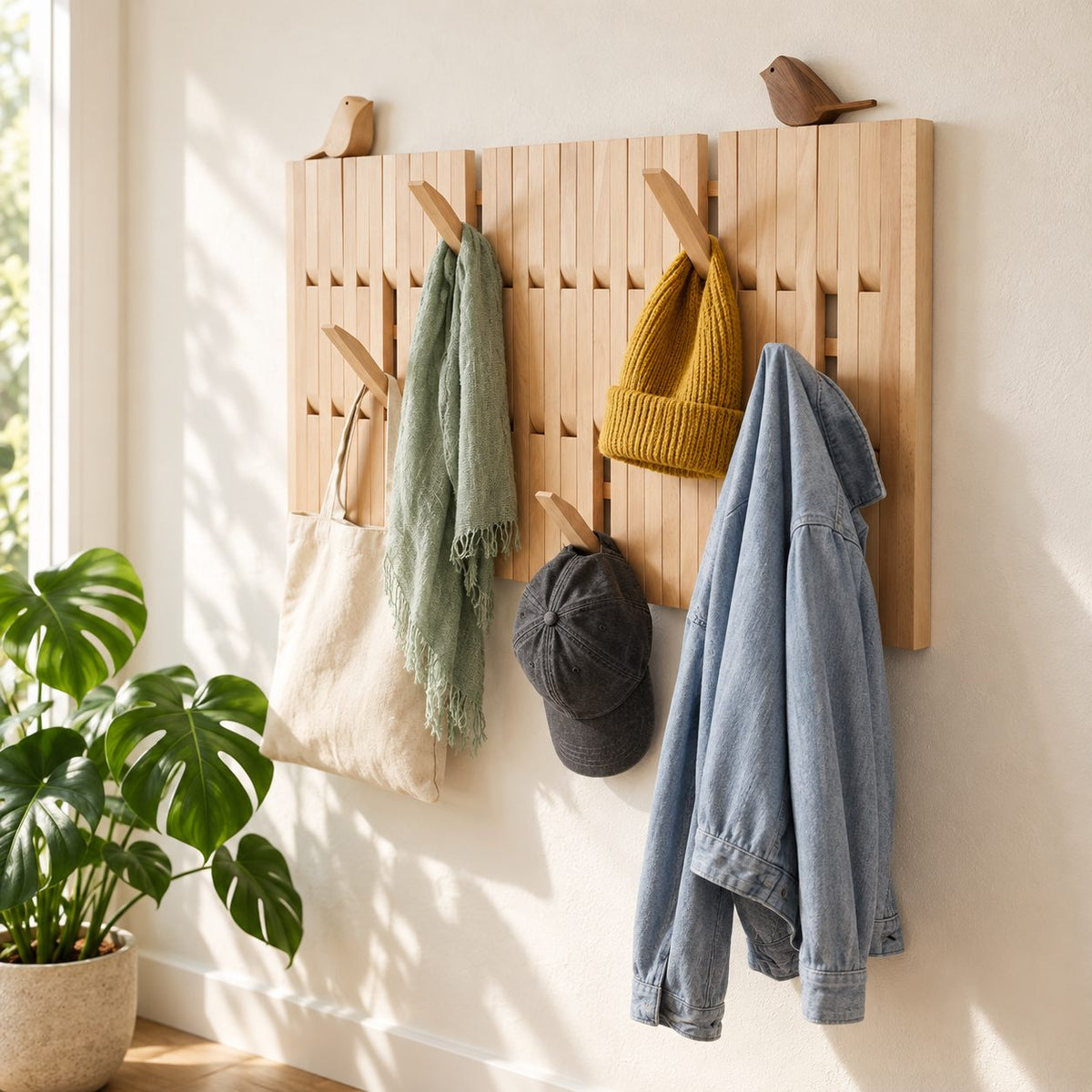 Slatted Panel Piano Coat Rack with Fold-Out V Hooks, Wall Mounted Solid Wood Hall Hanger, 25-66 Inch Tall