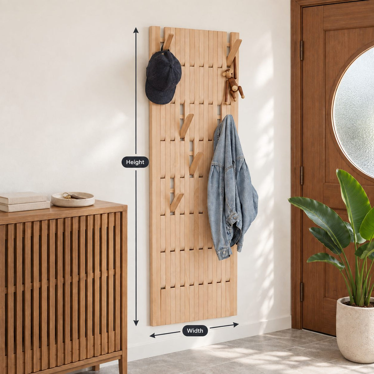 Slatted Panel Piano Coat Rack with Fold-Out V Hooks, Wall Mounted Solid Wood Hall Hanger, 25-66 Inch Tall