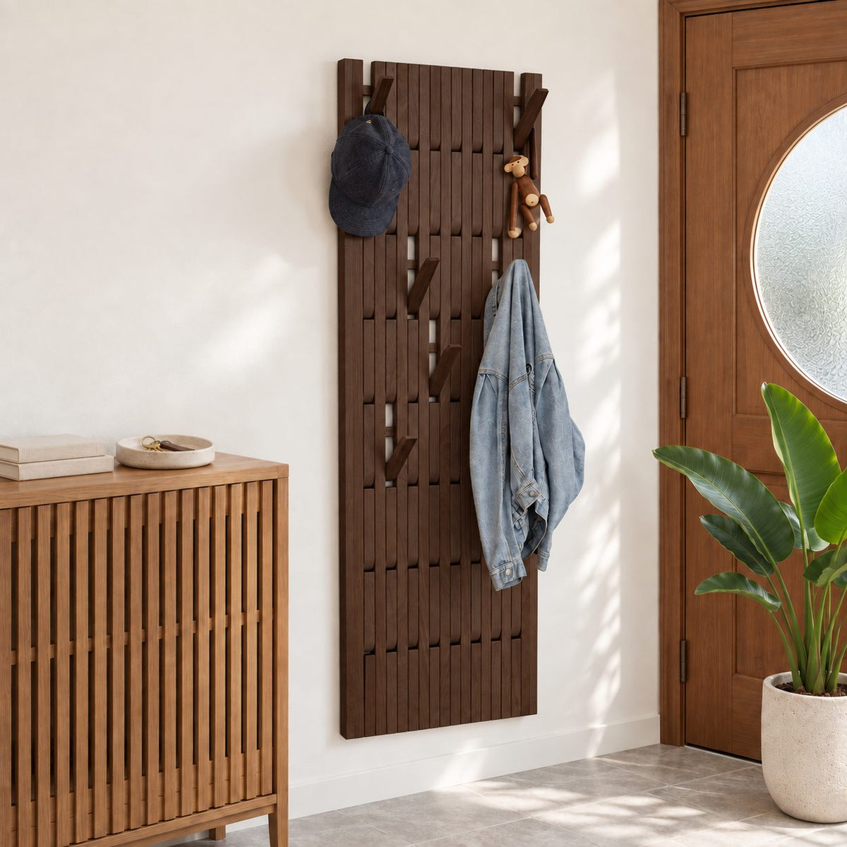 Slatted Panel Piano Coat Rack with Fold-Out V Hooks, Wall Mounted Solid Wood Hall Hanger, 25-66 Inch Tall