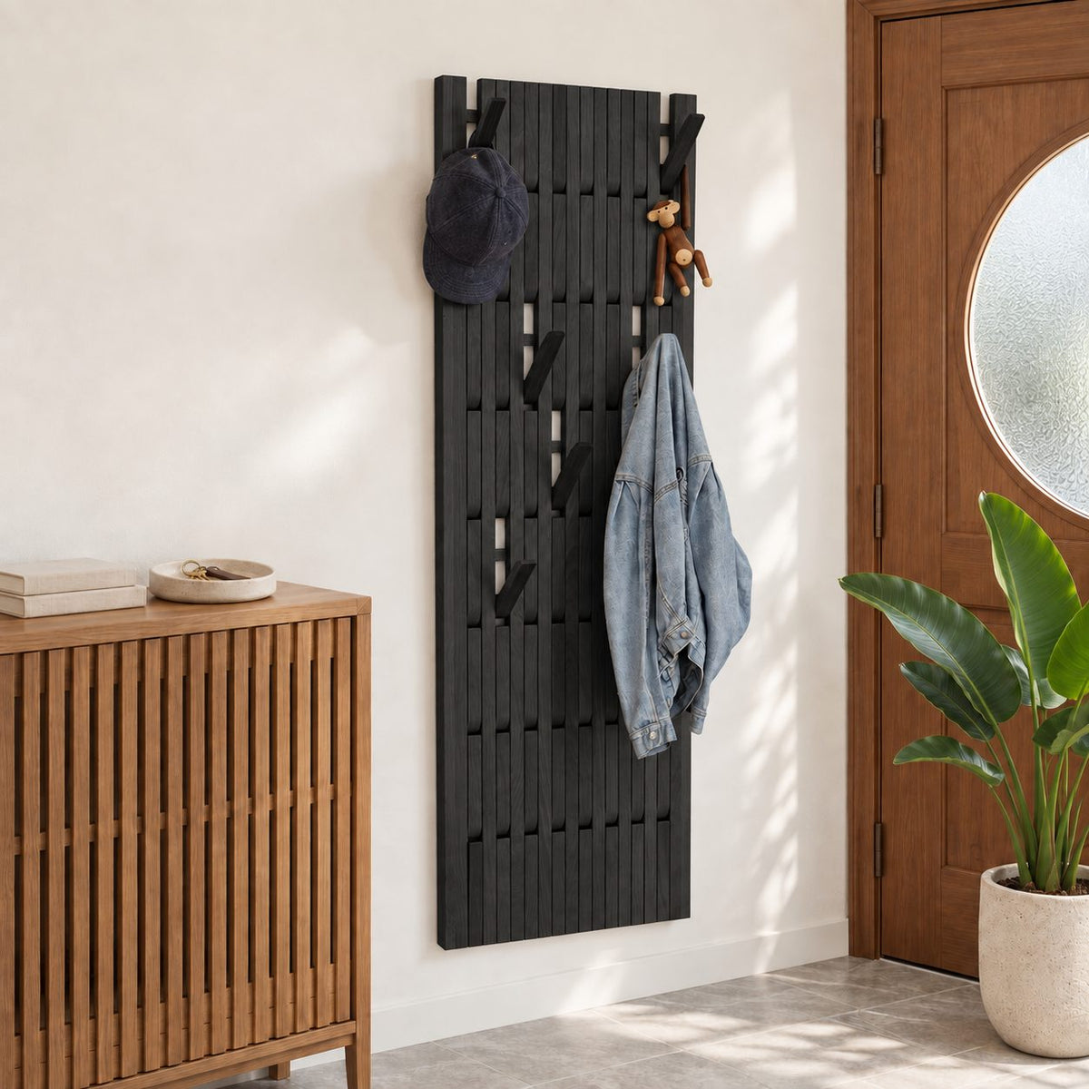 Slatted Panel Piano Coat Rack with Fold-Out V Hooks, Wall Mounted Solid Wood Hall Hanger, 25-66 Inch Tall
