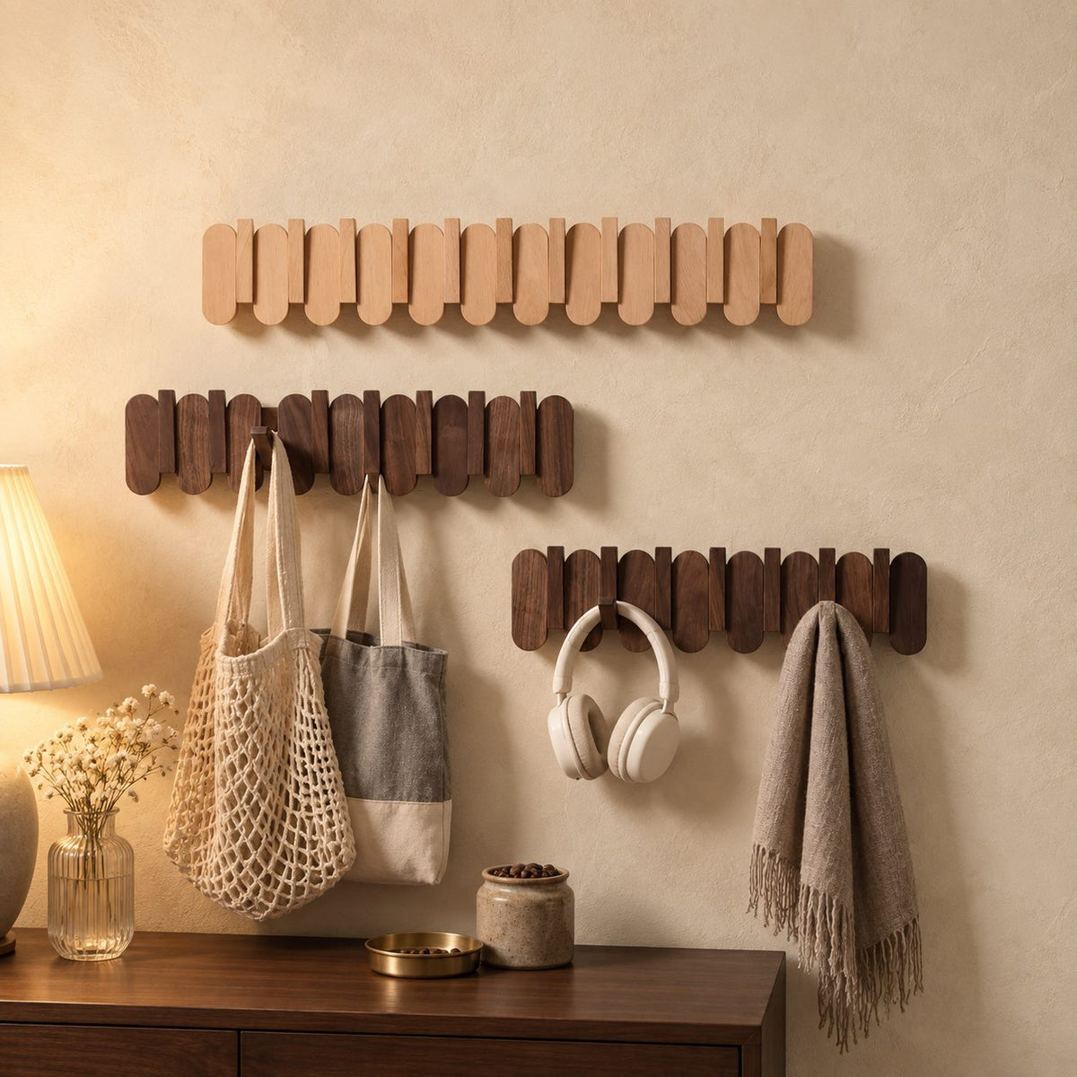Rounded Slat Wall Hook Rack with Flip-Out Hooks, Solid Wood Piano Coat Rack for Bags and Keys, 10-22 Inch