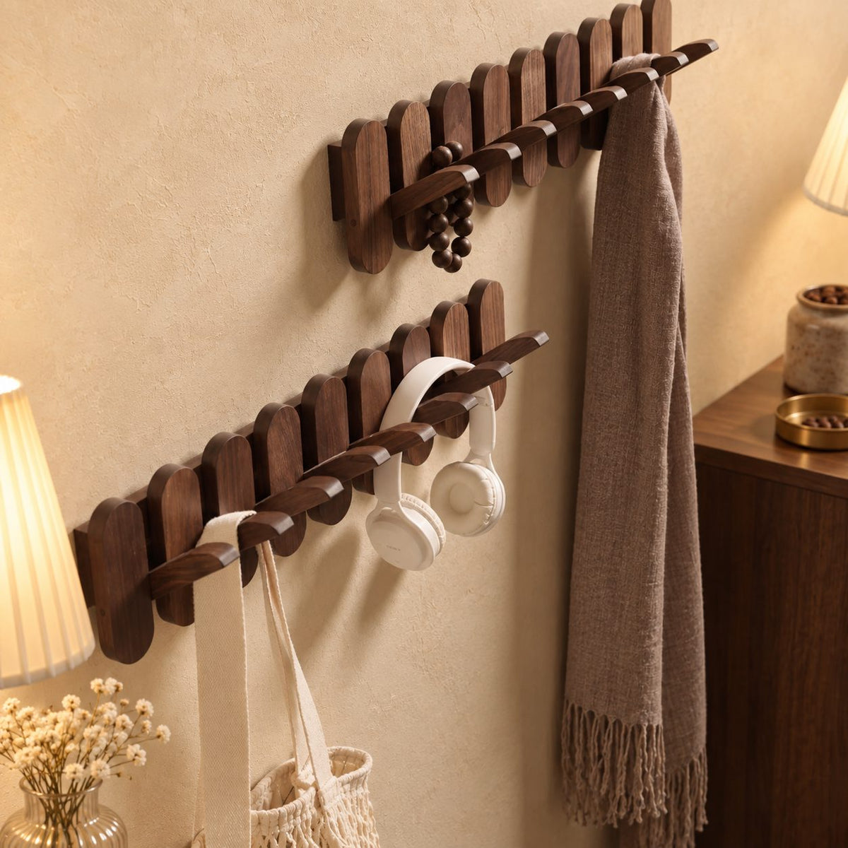 Rounded Slat Wall Hook Rack with Flip-Out Hooks, Solid Wood Piano Coat Rack for Bags and Keys, 10-22 Inch