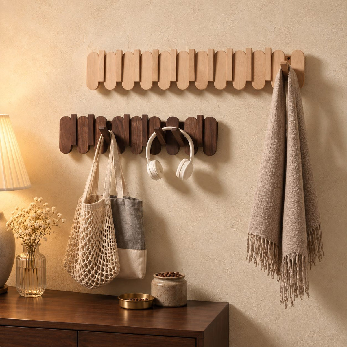 Rounded Slat Wall Hook Rack with Flip-Out Hooks, Solid Wood Piano Coat Rack for Bags and Keys, 10-22 Inch