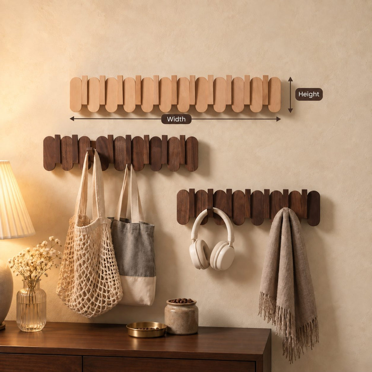 Rounded Slat Wall Hook Rack with Flip-Out Hooks, Solid Wood Piano Coat Rack for Bags and Keys, 10-22 Inch