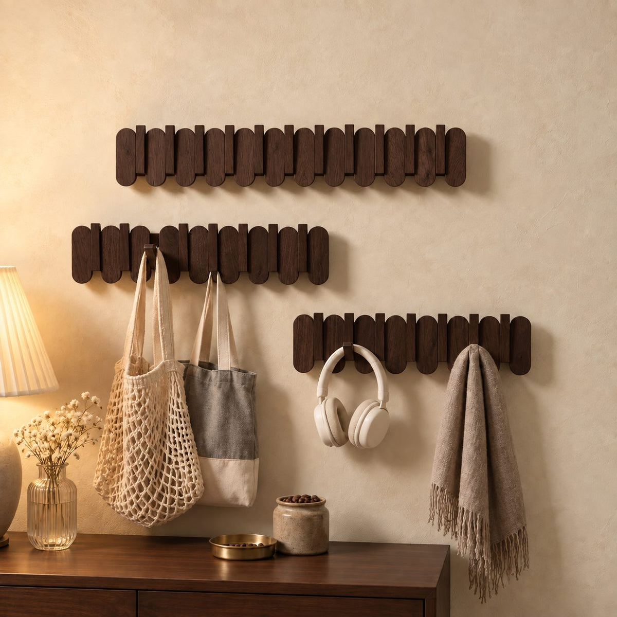 Rounded Slat Wall Hook Rack with Flip-Out Hooks, Solid Wood Piano Coat Rack for Bags and Keys, 10-22 Inch