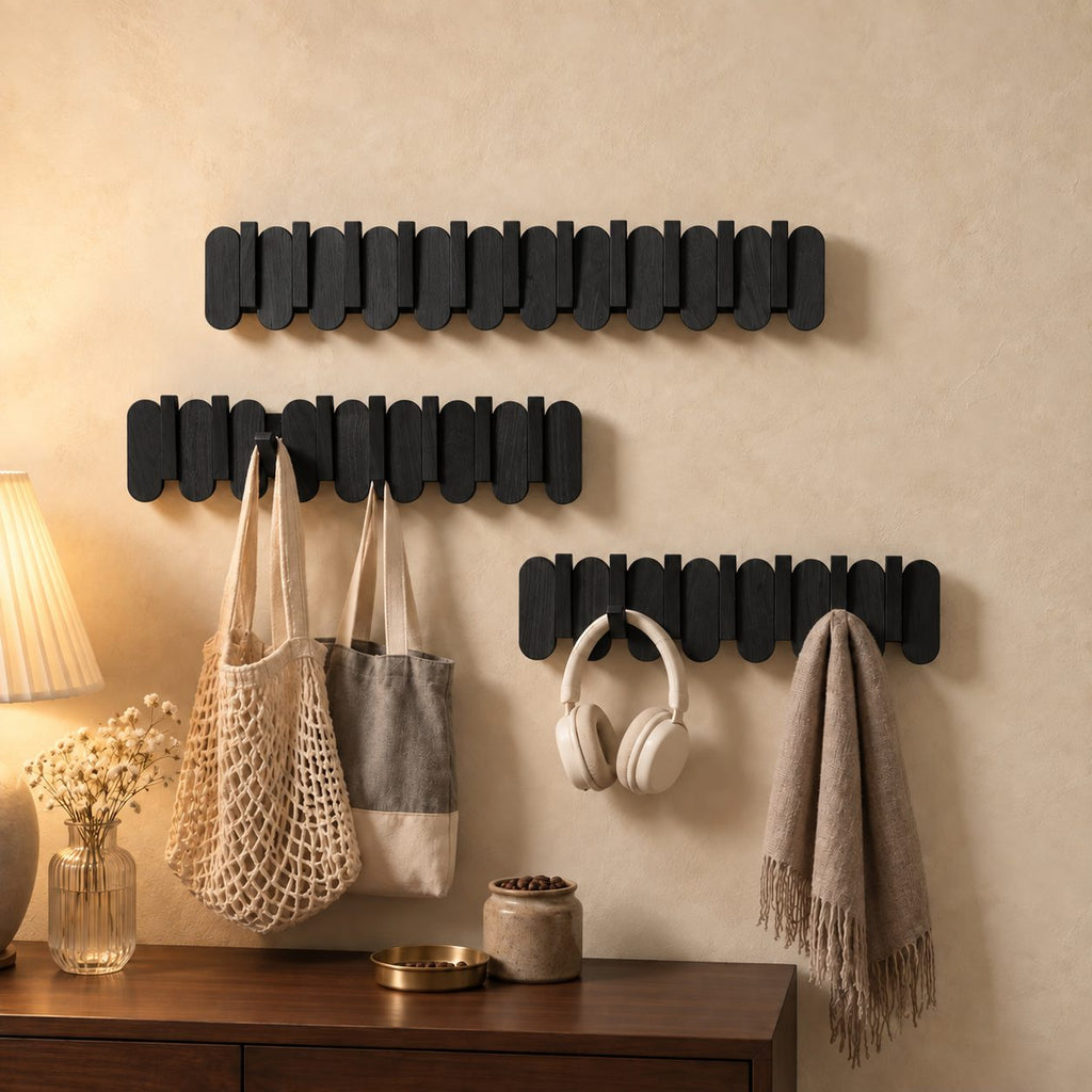 Rounded Slat Wall Hook Rack with Flip-Out Hooks, Solid Wood Piano Coat Rack for Bags and Keys, 10-22 Inch