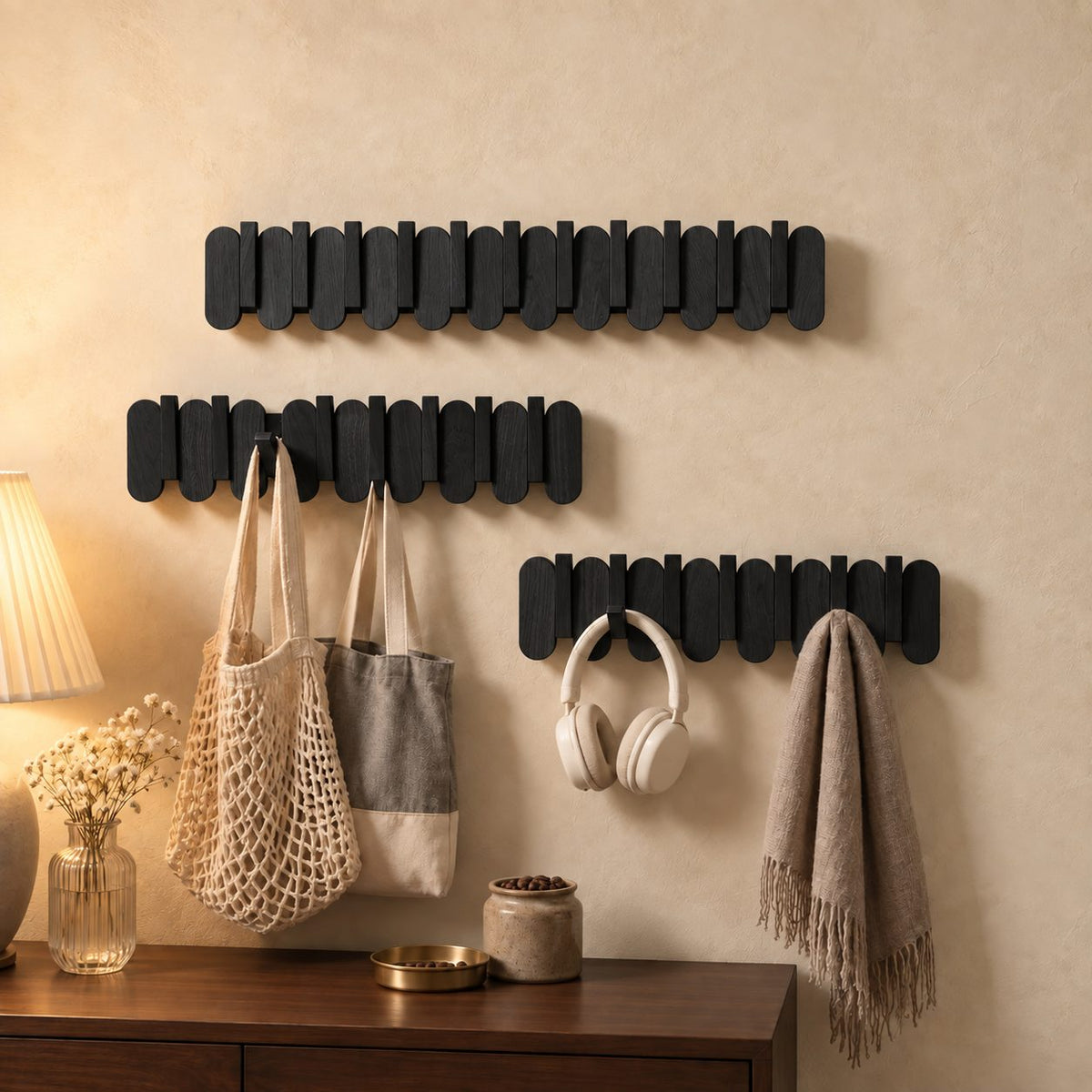 Rounded Slat Wall Hook Rack with Flip-Out Hooks, Solid Wood Piano Coat Rack for Bags and Keys, 10-22 Inch