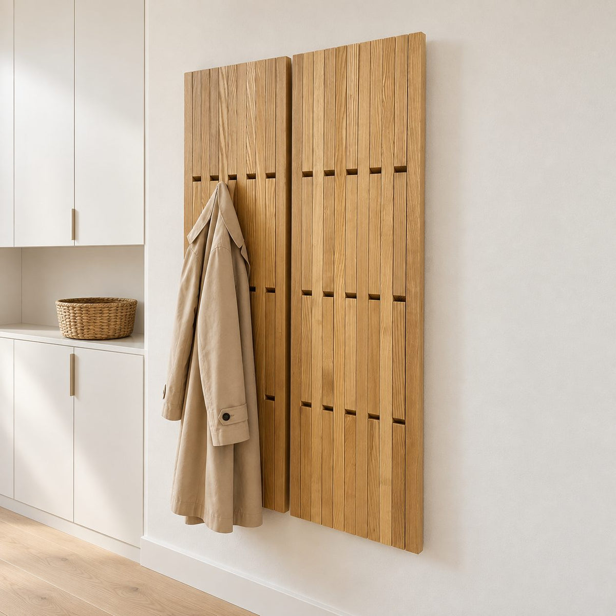 Tall Fold-Flat Piano Coat Rack Panel, Wall Mounted Solid Wood Slat Board with Hidden Hooks, 13-41 Inch Wide