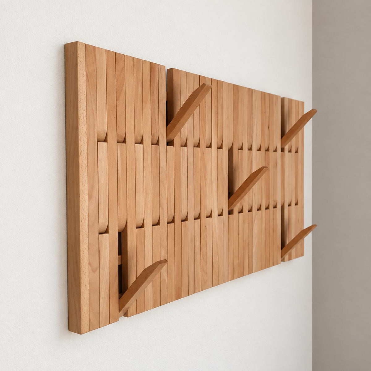Fold-Out Hook Wall Panel Coat Rack, Slatted Solid Wood Piano Hanger for Hallway and Mudroom, 25-66 Inch Tall