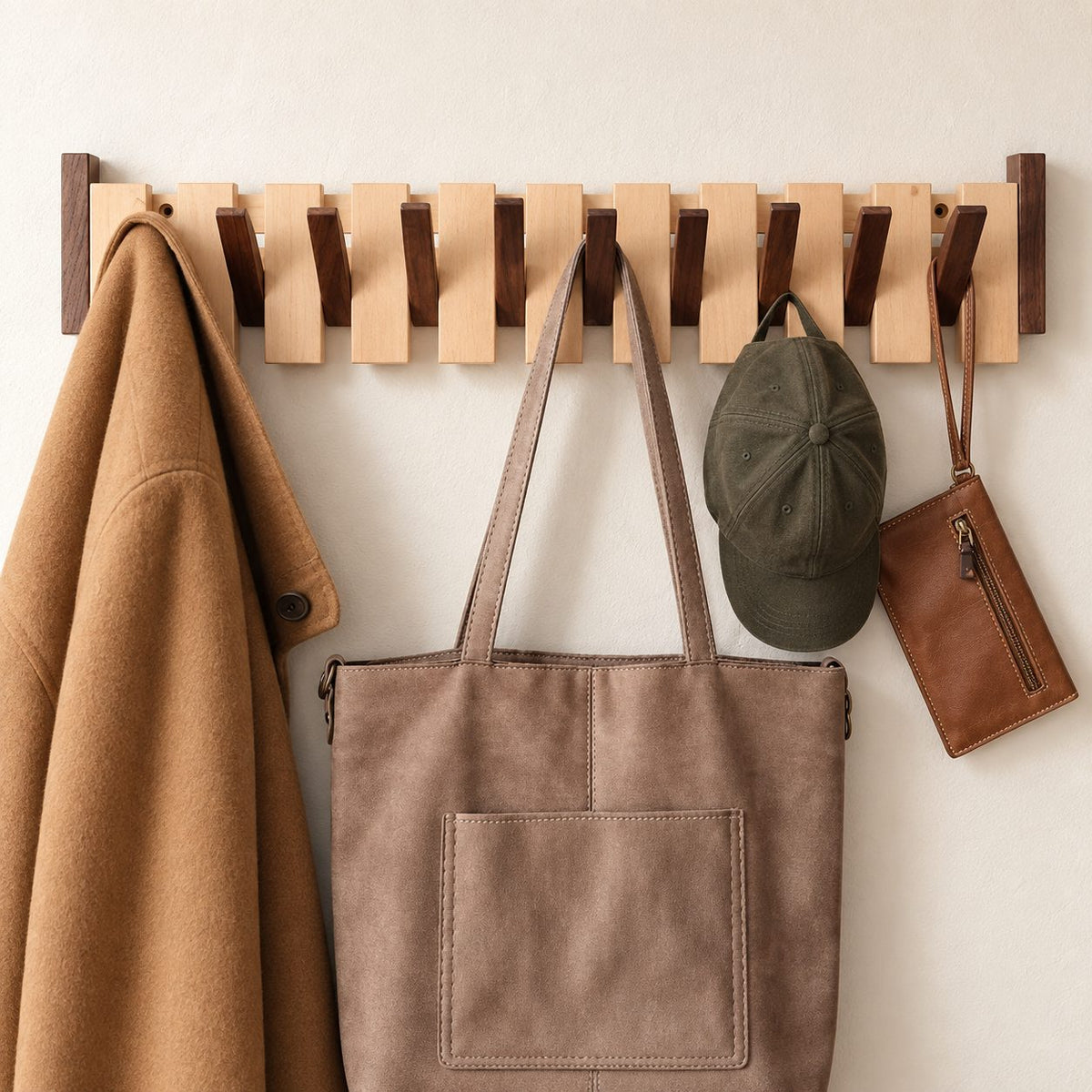 Flip-Down Hook Rail with Tall End Posts, Solid Wood Piano Coat Rack for Towels and Coats, 12-32 Inch