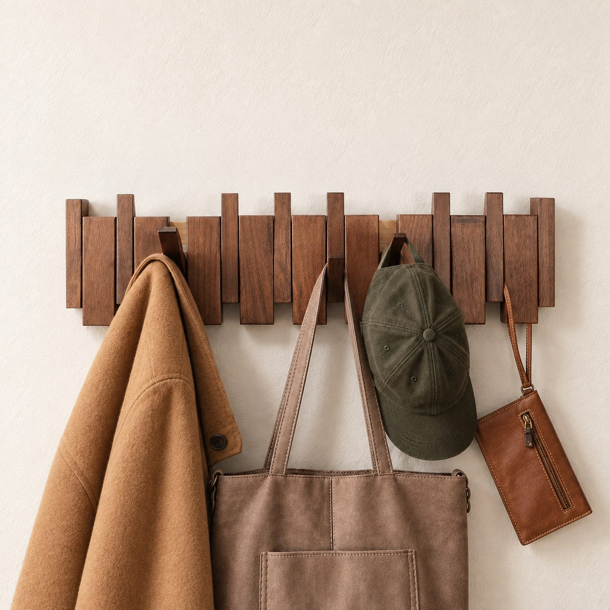 Flip-Down Hook Rail with Tall End Posts, Solid Wood Piano Coat Rack for Towels and Coats, 12-32 Inch