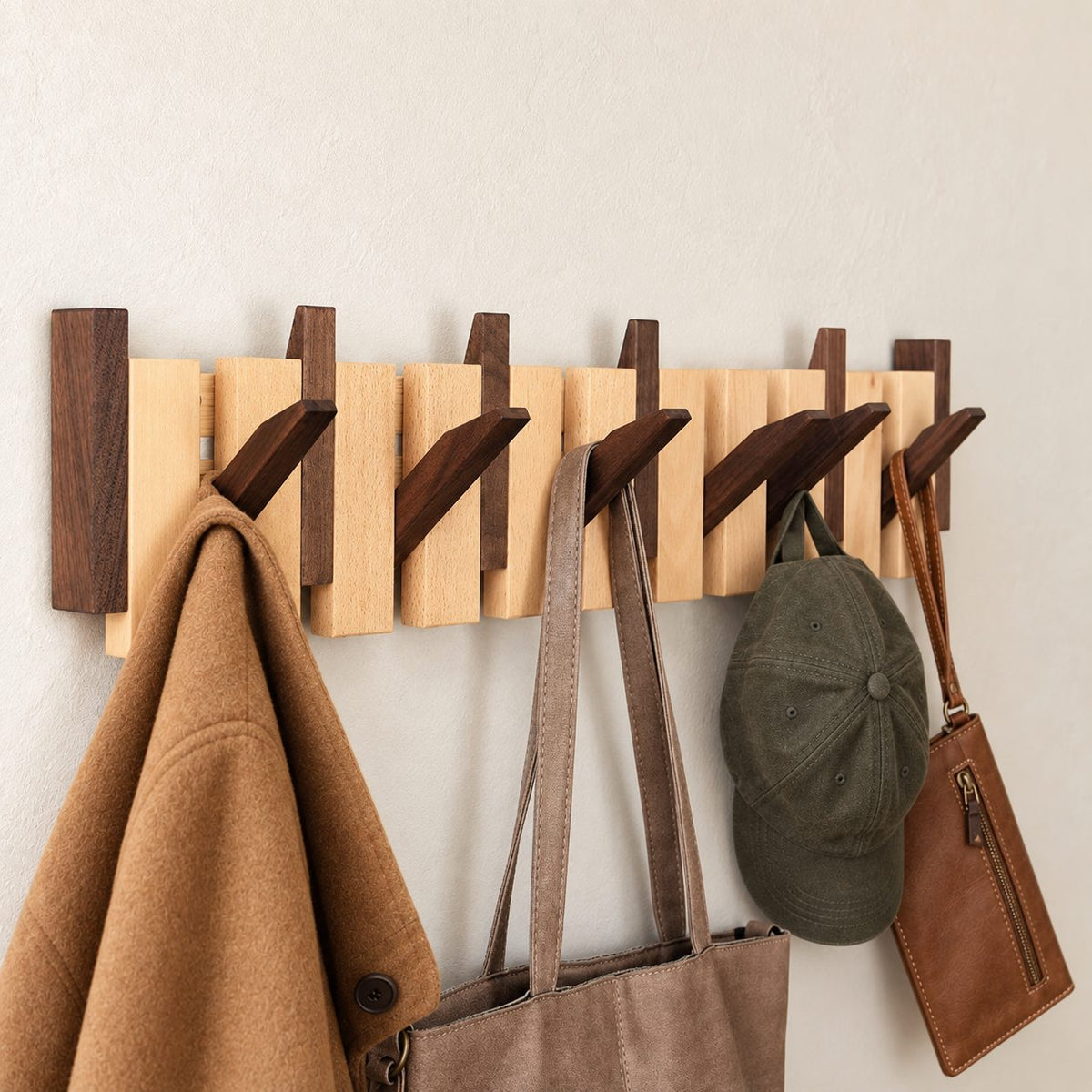 Flip-Down Hook Rail with Tall End Posts, Solid Wood Piano Coat Rack for Towels and Coats, 12-32 Inch