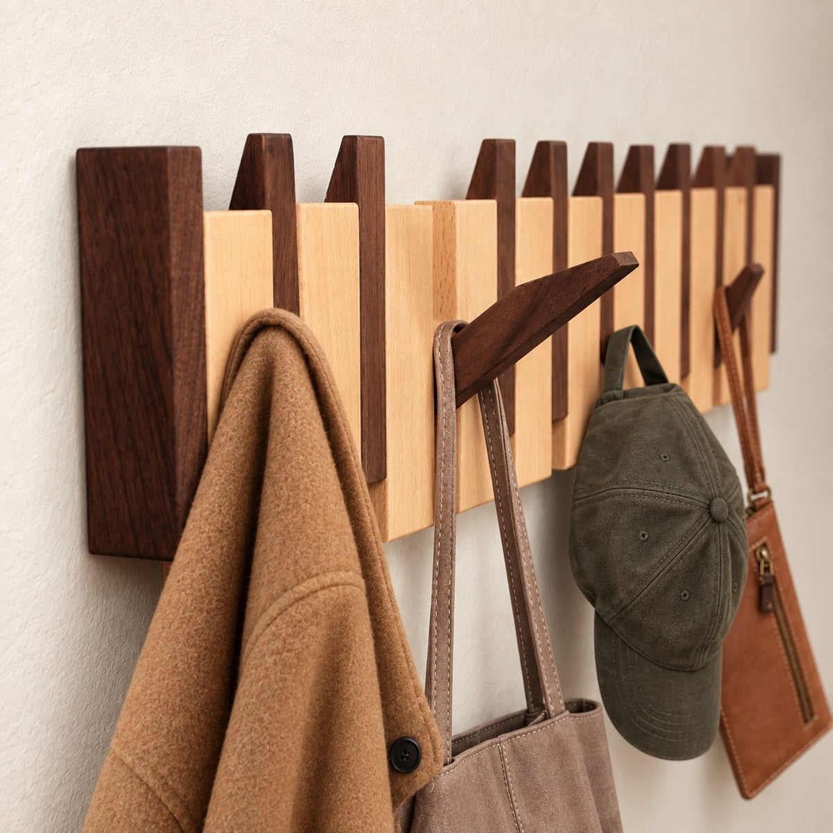 Flip-Down Hook Rail with Tall End Posts, Solid Wood Piano Coat Rack for Towels and Coats, 12-32 Inch