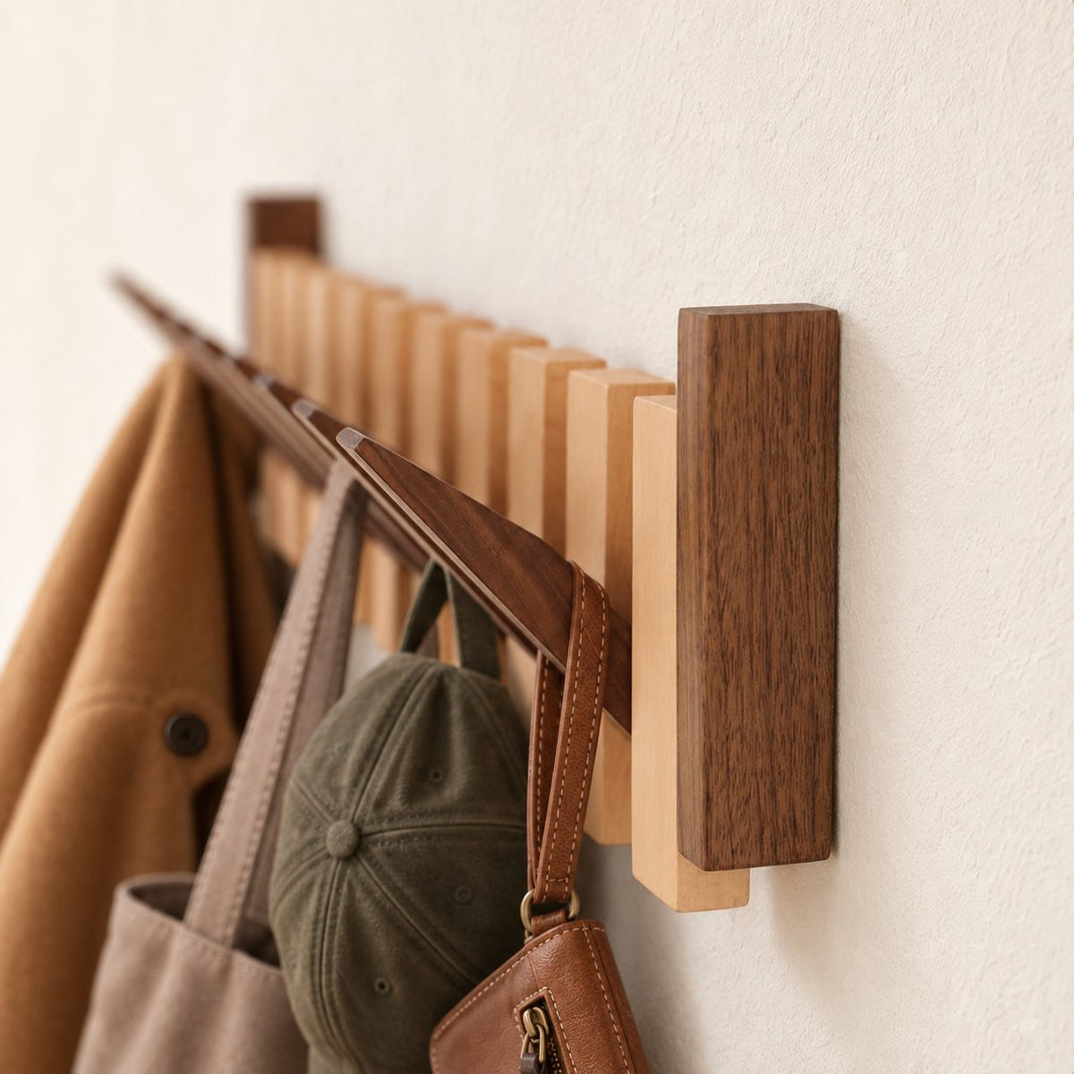 Flip-Down Hook Rail with Tall End Posts, Solid Wood Piano Coat Rack for Towels and Coats, 12-32 Inch