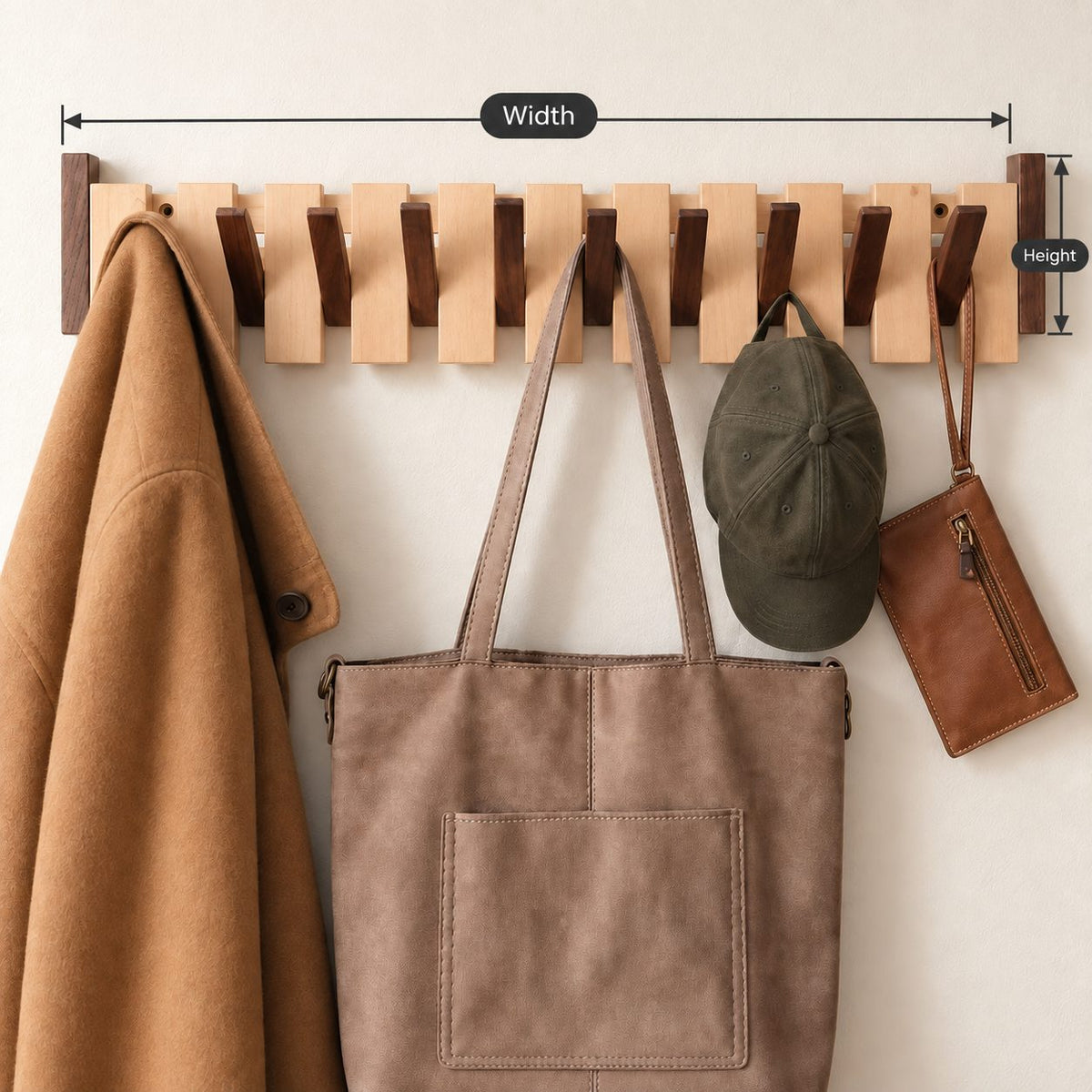 Flip-Down Hook Rail with Tall End Posts, Solid Wood Piano Coat Rack for Towels and Coats, 12-32 Inch