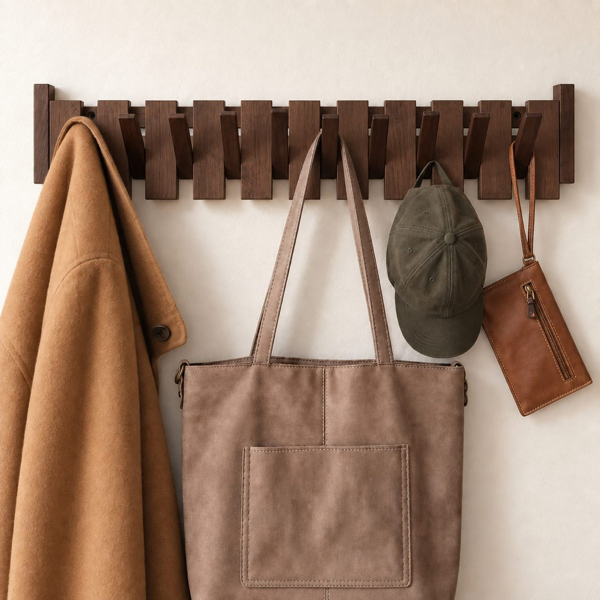 Flip-Down Hook Rail with Tall End Posts, Solid Wood Piano Coat Rack for Towels and Coats, 12-32 Inch