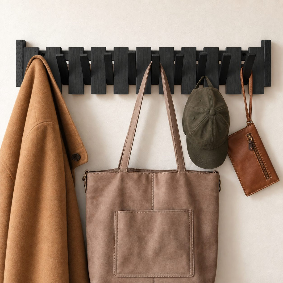 Flip-Down Hook Rail with Tall End Posts, Solid Wood Piano Coat Rack for Towels and Coats, 12-32 Inch