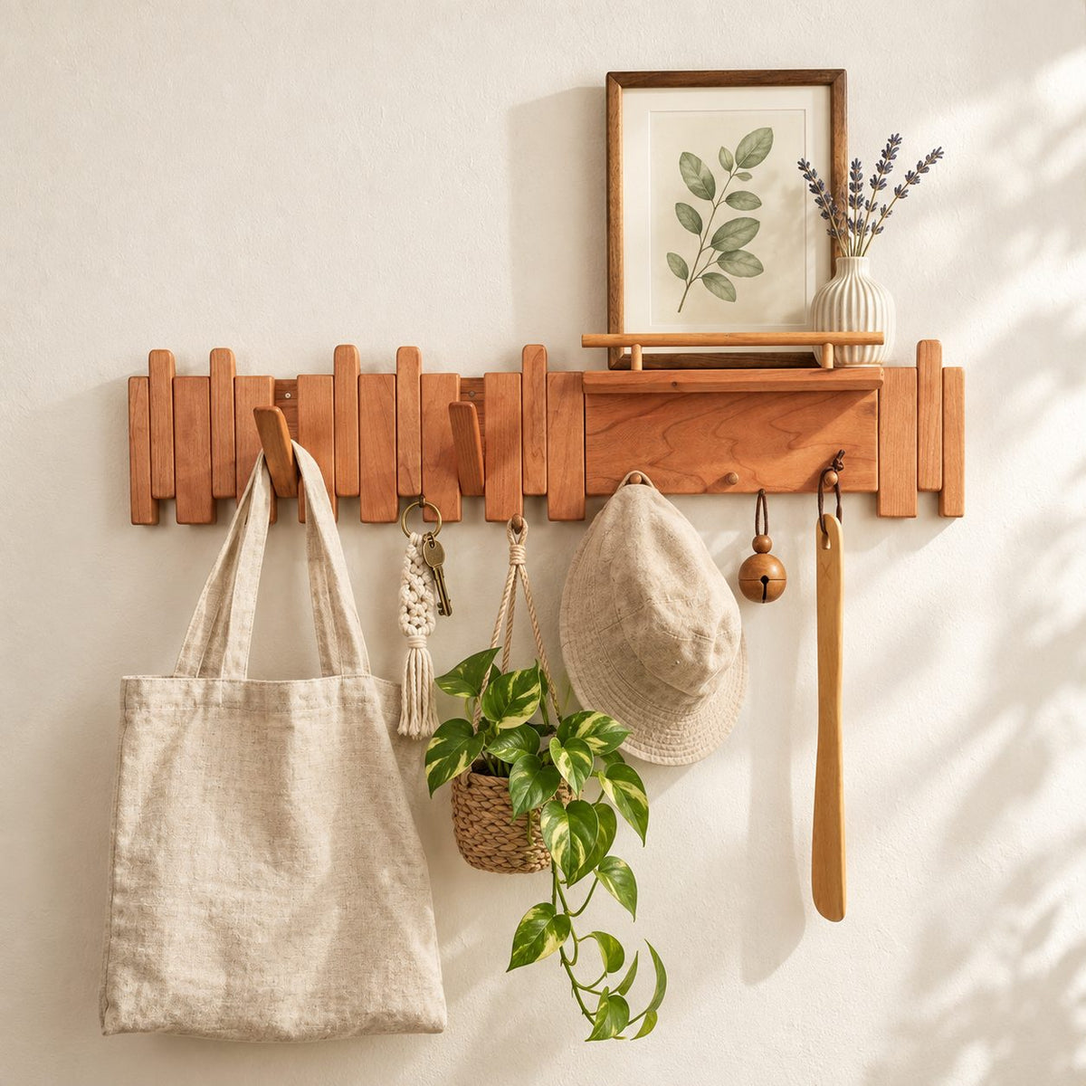 Picket Slat Coat Hook Rack with Small Ledge Shelf, Solid Wood Piano Wall Hanger with Gallery Rail, 22-35 Inch