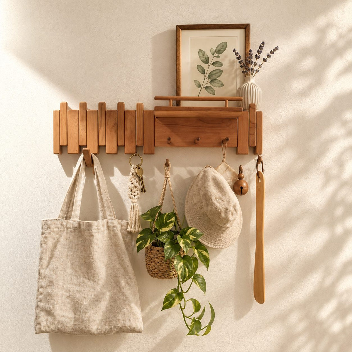 Picket Slat Coat Hook Rack with Small Ledge Shelf, Solid Wood Piano Wall Hanger with Gallery Rail, 22-35 Inch