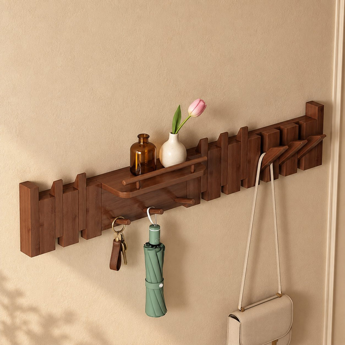 Picket Slat Coat Hook Rack with Small Ledge Shelf, Solid Wood Piano Wall Hanger with Gallery Rail, 22-35 Inch