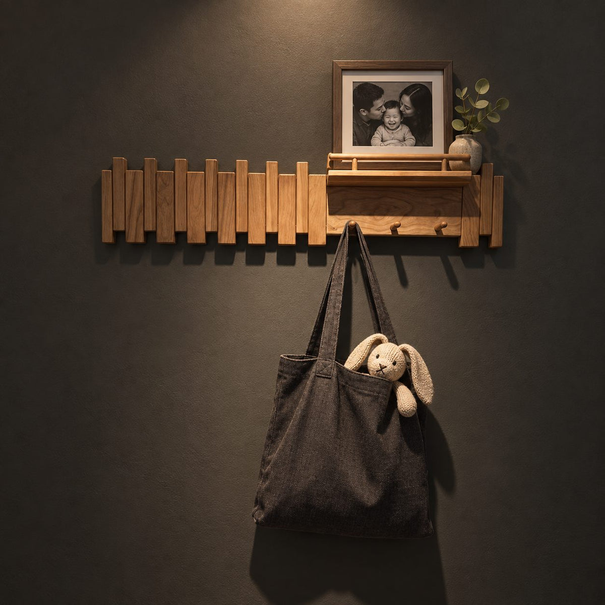 Picket Slat Coat Hook Rack with Small Ledge Shelf, Solid Wood Piano Wall Hanger with Gallery Rail, 22-35 Inch