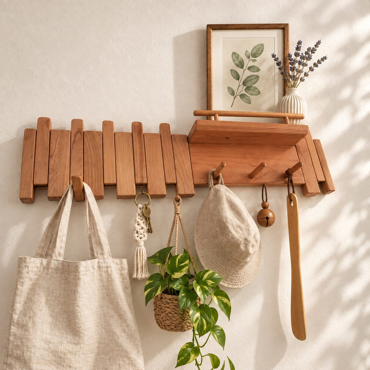 Picket Slat Coat Hook Rack with Small Ledge Shelf, Solid Wood Piano Wall Hanger with Gallery Rail, 22-35 Inch