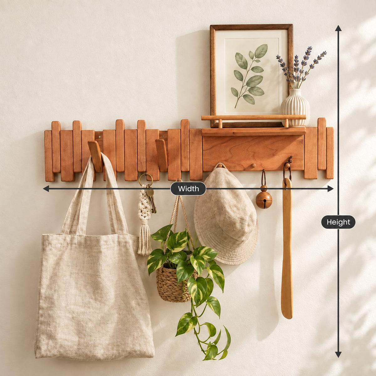 Picket Slat Coat Hook Rack with Small Ledge Shelf, Solid Wood Piano Wall Hanger with Gallery Rail, 22-35 Inch