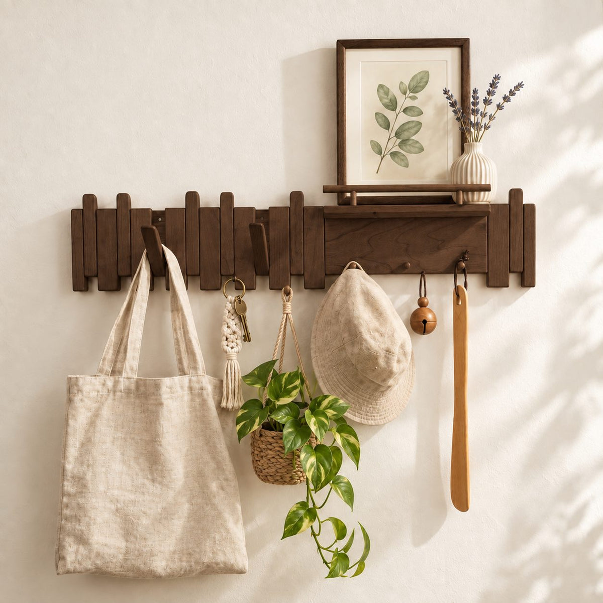 Picket Slat Coat Hook Rack with Small Ledge Shelf, Solid Wood Piano Wall Hanger with Gallery Rail, 22-35 Inch
