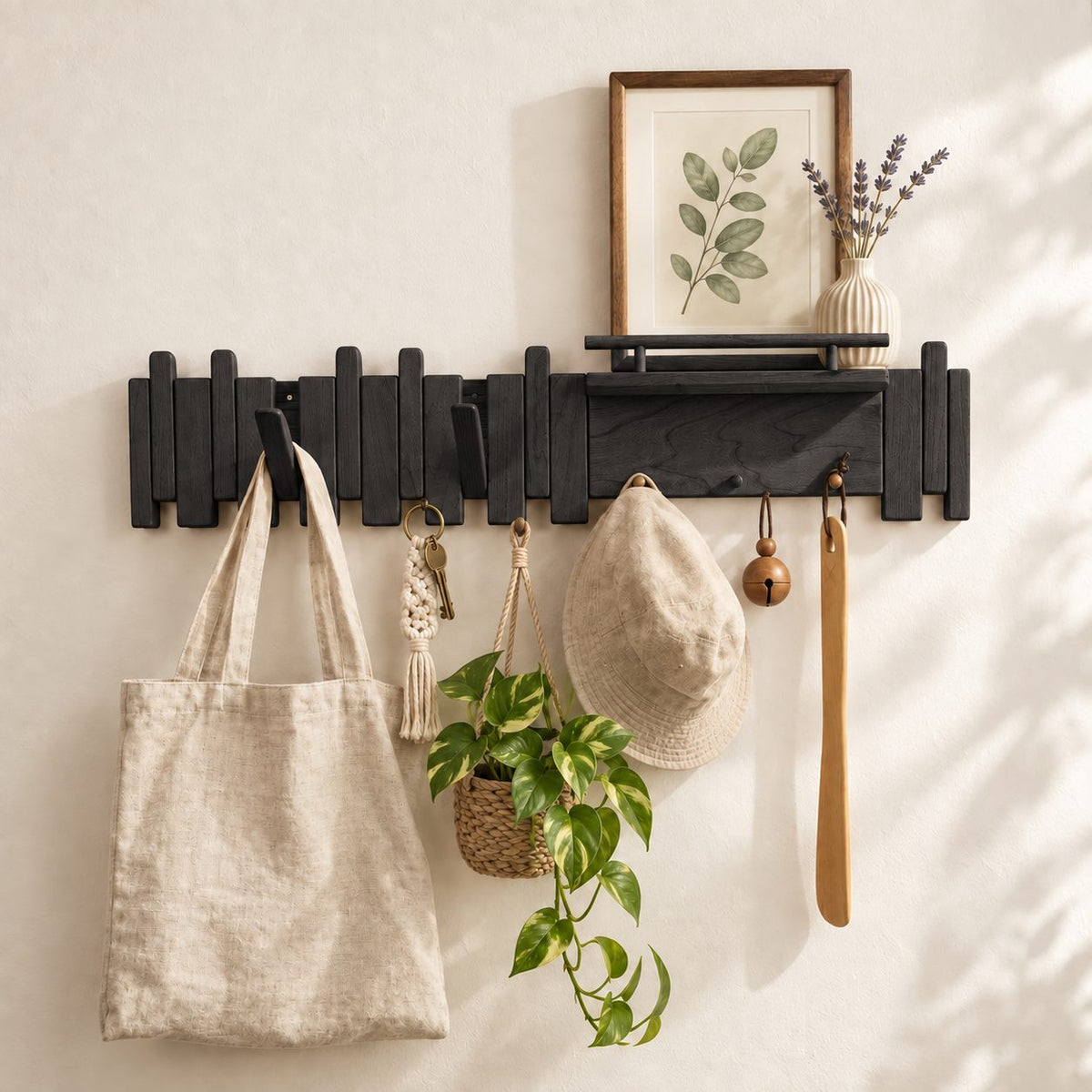 Picket Slat Coat Hook Rack with Small Ledge Shelf, Solid Wood Piano Wall Hanger with Gallery Rail, 22-35 Inch