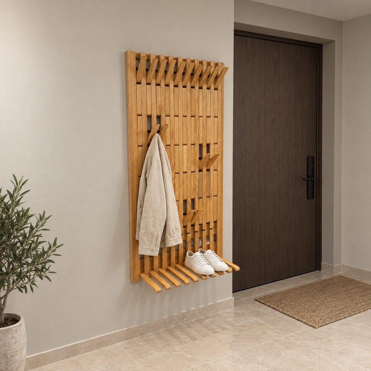 Fold-Down Foot Slat Piano Coat Rack Panel, Tall Wall Mounted Solid Wood Hall Hanger, 25-66 Inch