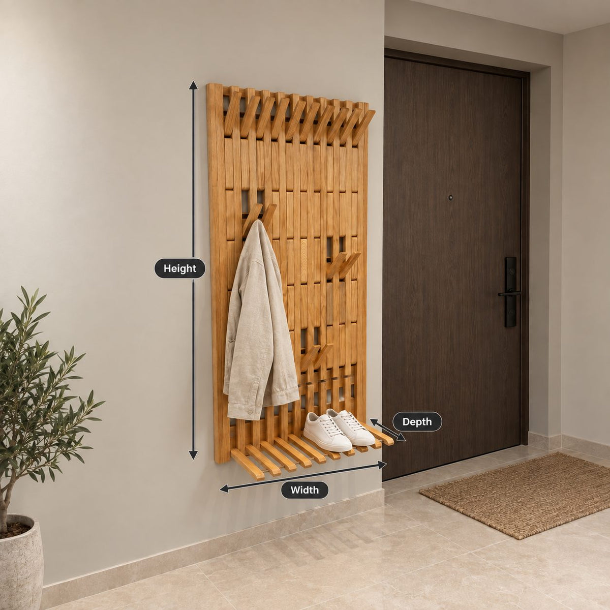 Fold-Down Foot Slat Piano Coat Rack Panel, Tall Wall Mounted Solid Wood Hall Hanger, 25-66 Inch