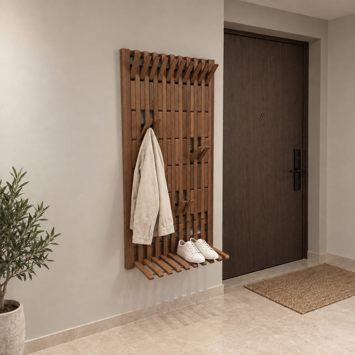 Fold-Down Foot Slat Piano Coat Rack Panel, Tall Wall Mounted Solid Wood Hall Hanger, 25-66 Inch