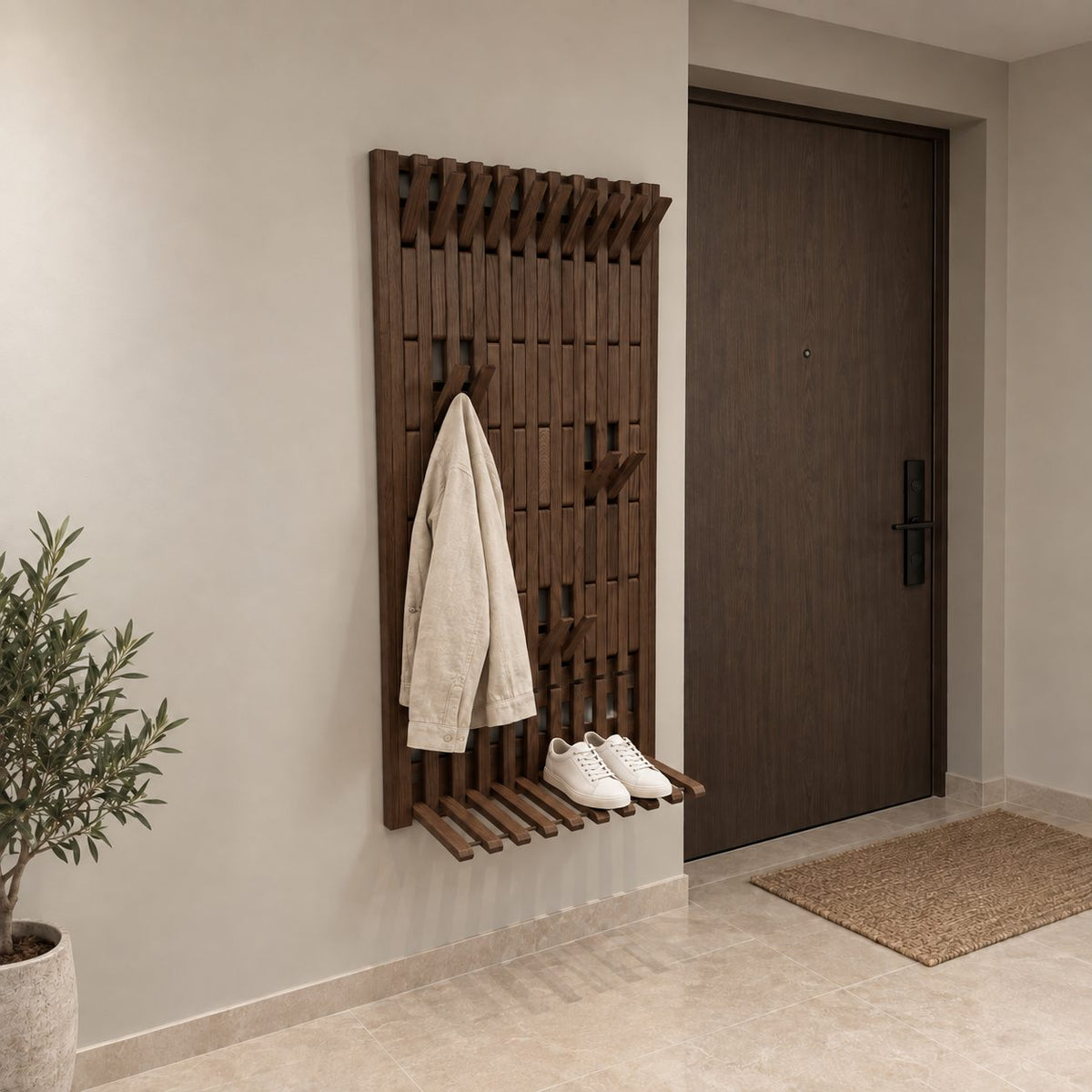 Fold-Down Foot Slat Piano Coat Rack Panel, Tall Wall Mounted Solid Wood Hall Hanger, 25-66 Inch