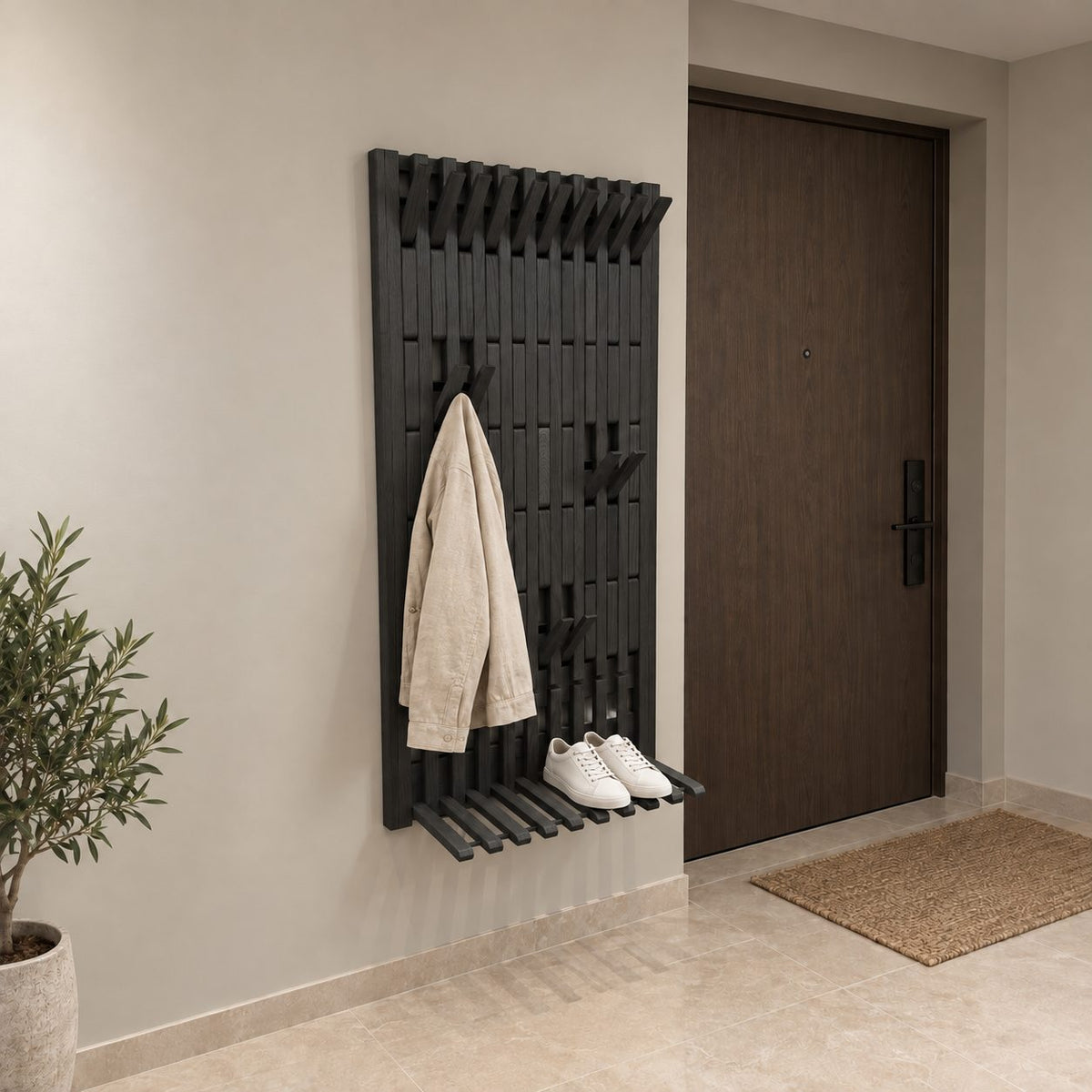 Fold-Down Foot Slat Piano Coat Rack Panel, Tall Wall Mounted Solid Wood Hall Hanger, 25-66 Inch