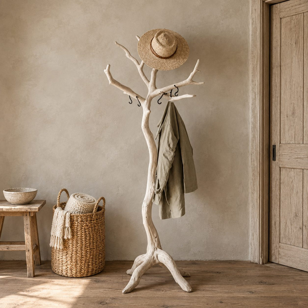 Driftwood Branch Coat Stand, Freestanding Solid Wood Tree Coat Rack on Root Tripod Legs, 60-80 Inch