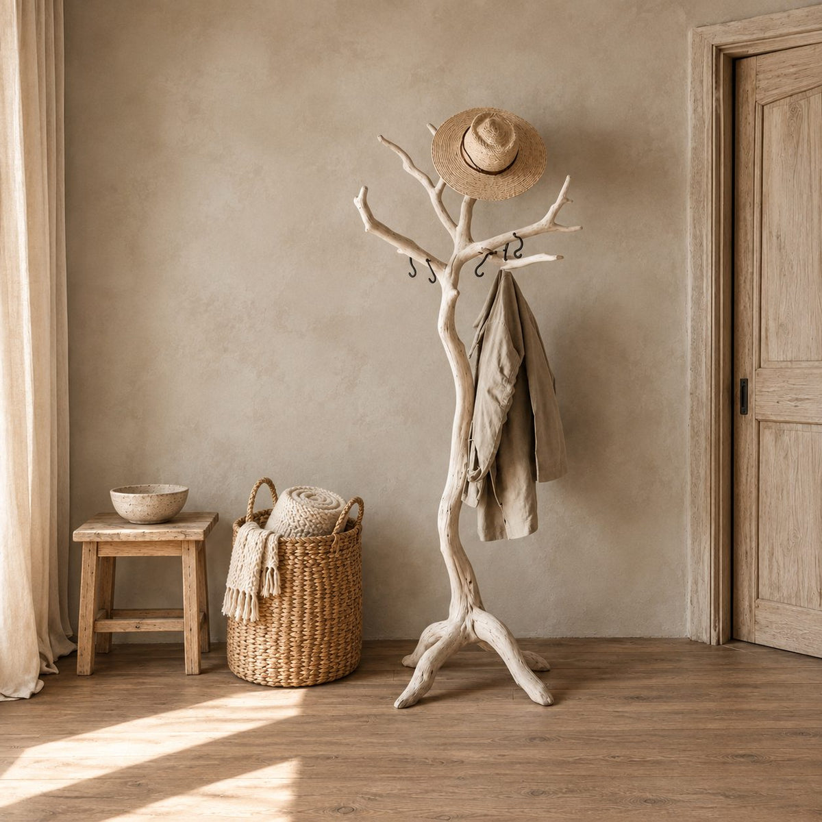 Driftwood Branch Coat Stand, Freestanding Solid Wood Tree Coat Rack on Root Tripod Legs, 60-80 Inch
