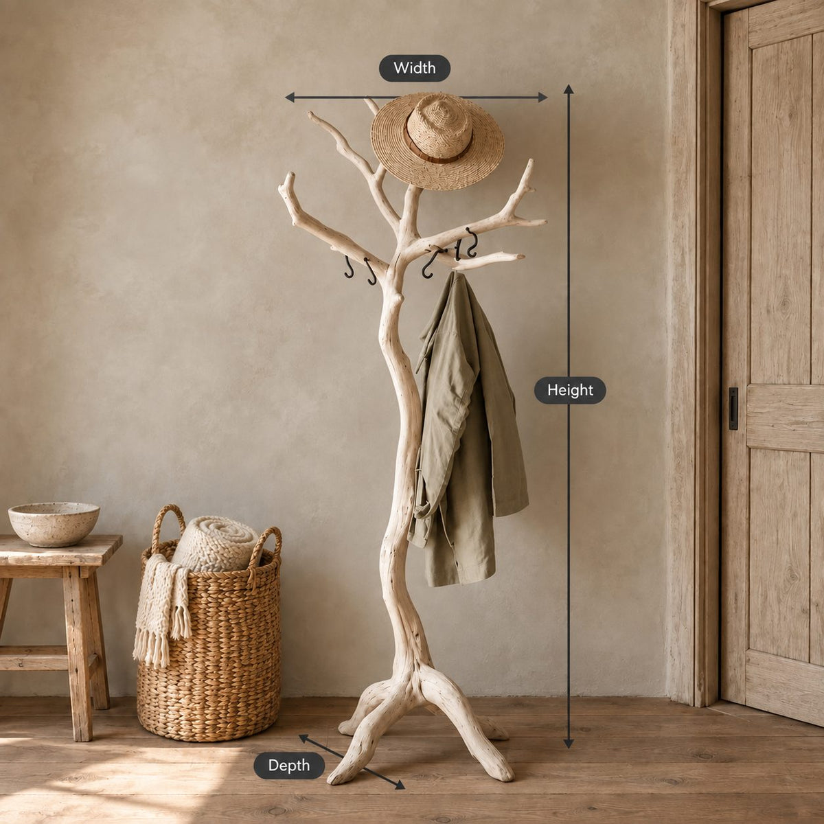 Driftwood Branch Coat Stand, Freestanding Solid Wood Tree Coat Rack on Root Tripod Legs, 60-80 Inch