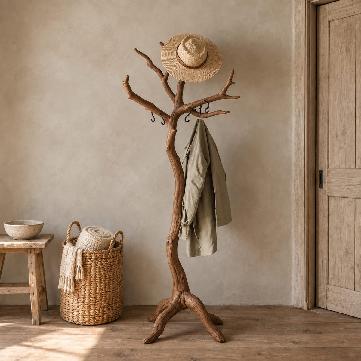 Driftwood Branch Coat Stand, Freestanding Solid Wood Tree Coat Rack on Root Tripod Legs, 60-80 Inch