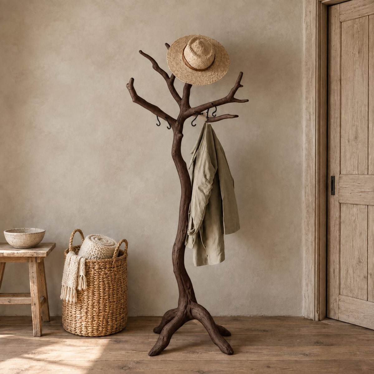 Driftwood Branch Coat Stand, Freestanding Solid Wood Tree Coat Rack on Root Tripod Legs, 60-80 Inch