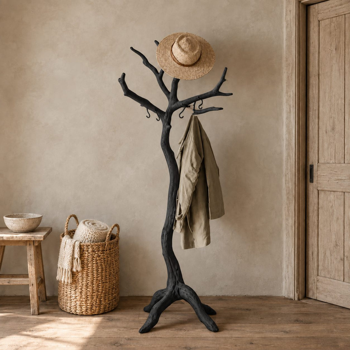 Driftwood Branch Coat Stand, Freestanding Solid Wood Tree Coat Rack on Root Tripod Legs, 60-80 Inch
