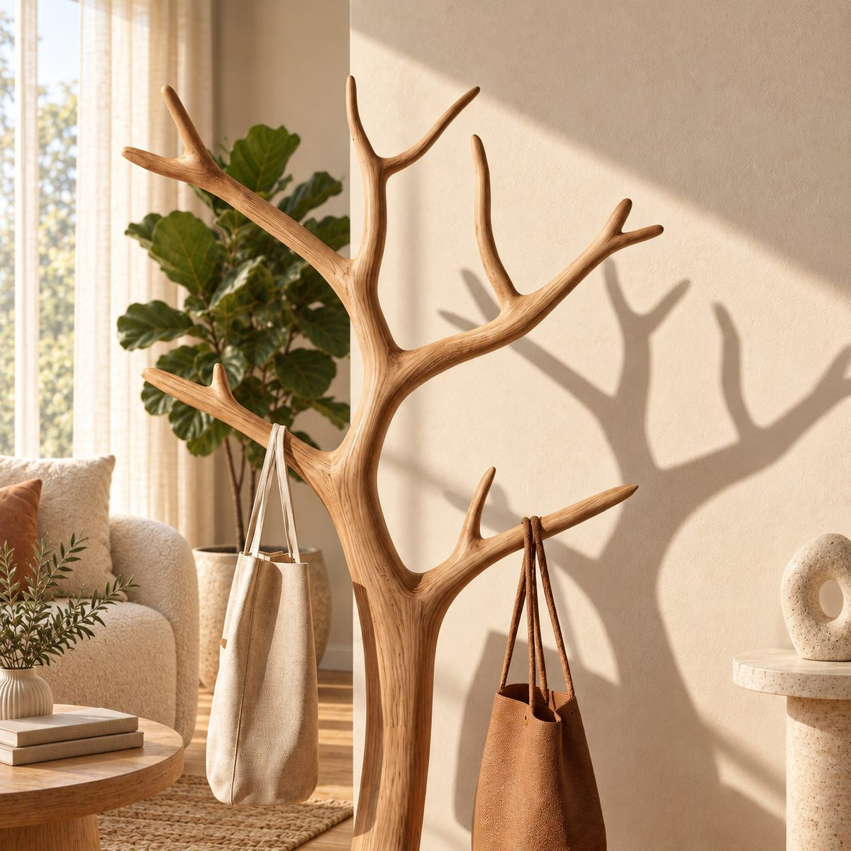 Sculpted Bare Branch Tree Coat Rack, Freestanding Smooth Solid Wood Hall Tree with Splayed Roots, 60-80 Inch