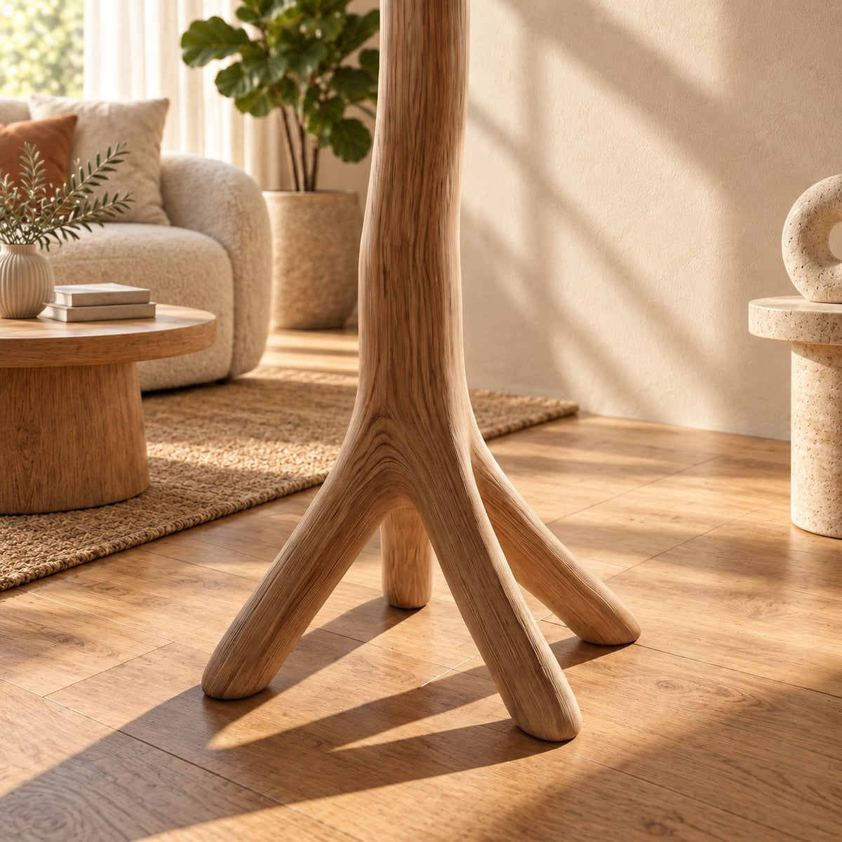 Sculpted Bare Branch Tree Coat Rack, Freestanding Smooth Solid Wood Hall Tree with Splayed Roots, 60-80 Inch